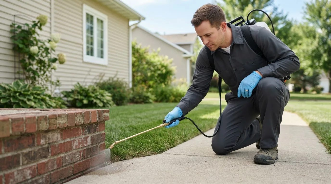Pest control technician treating a home near Sandyville, OH