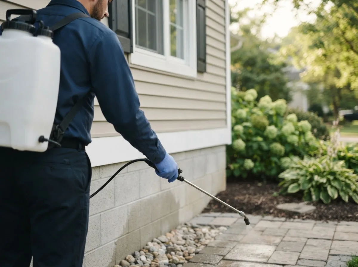 Pest control technician inspecting a home in Sandyville, OH